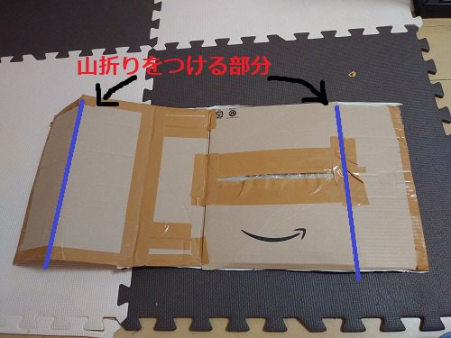 段ボール 開いた状態 山折りにする線入り 赤文字