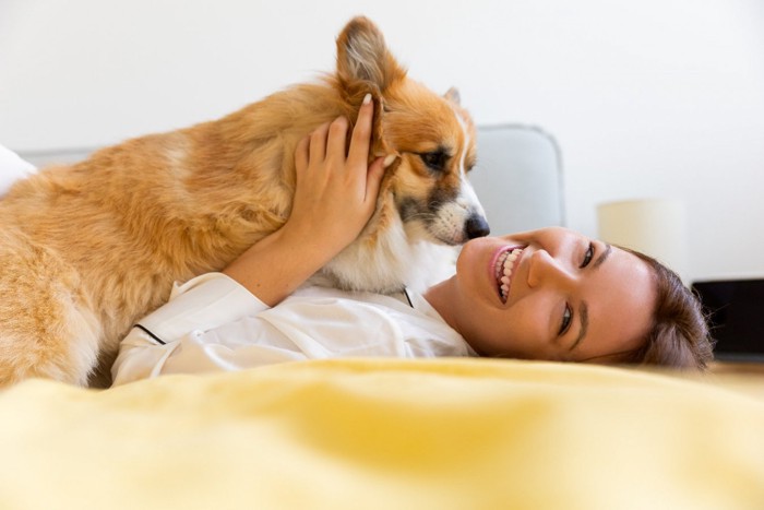 女性の上に乗ろうとする犬