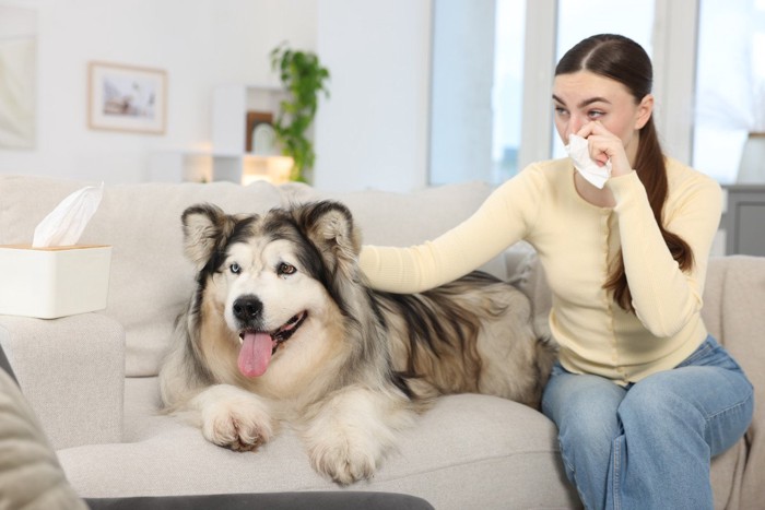 目を擦る女性と大型犬