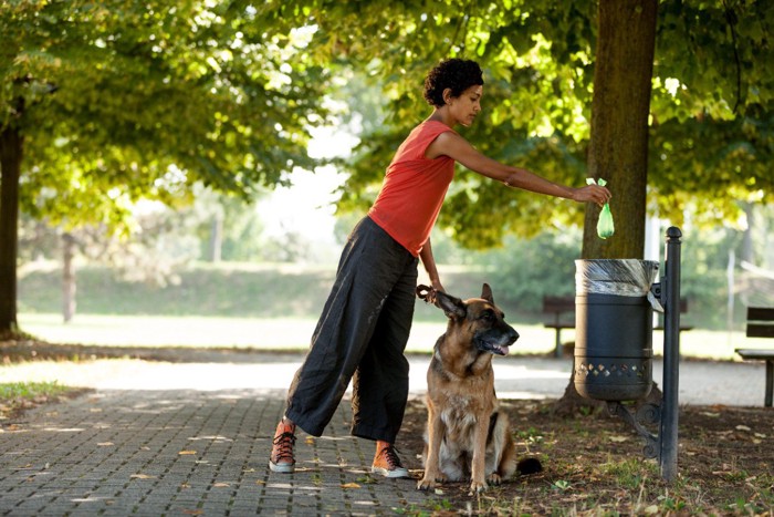 犬のウンチをゴミ箱に捨てる女性