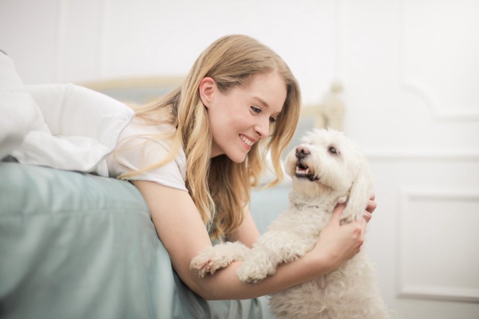 寝ている女性を起こす犬