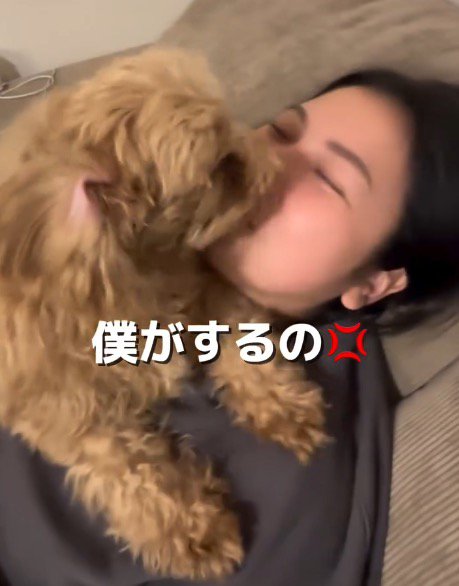 横になっている女性の口を舐める犬