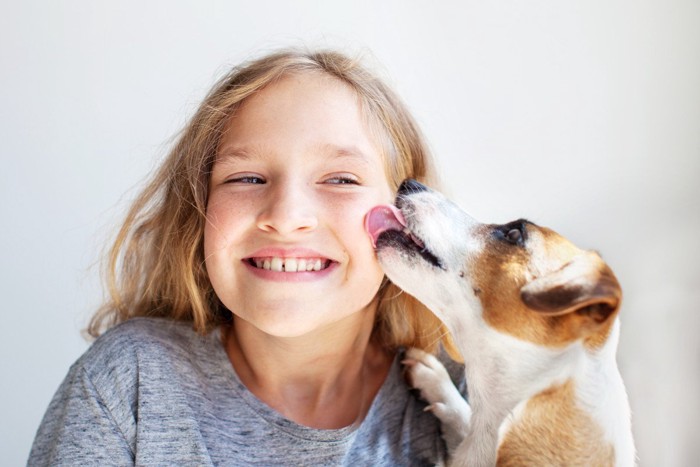 犬にほっぺをなめられている笑顔の少女