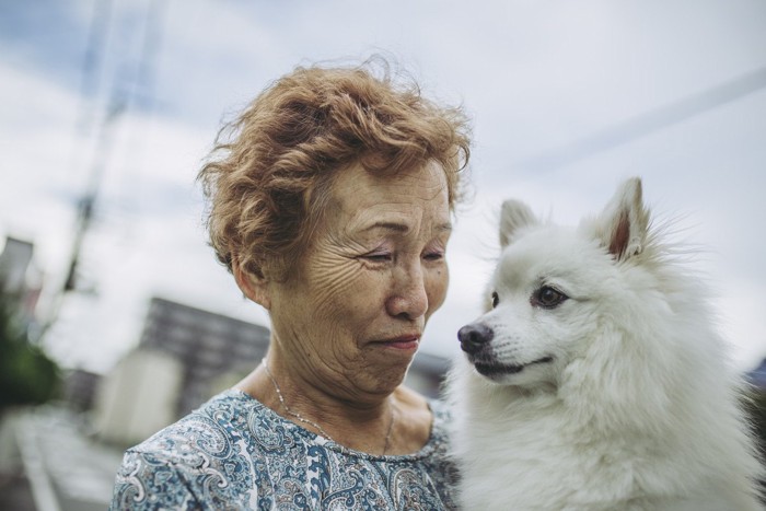 犬を抱く飼い主