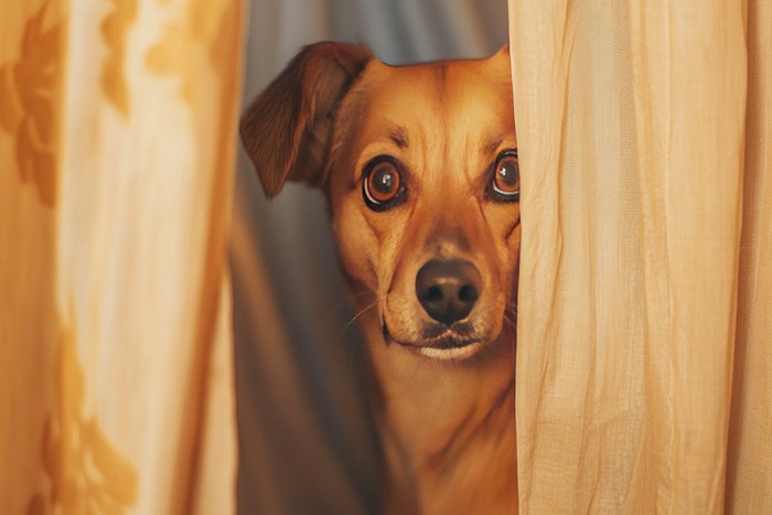 物陰から様子を伺う犬