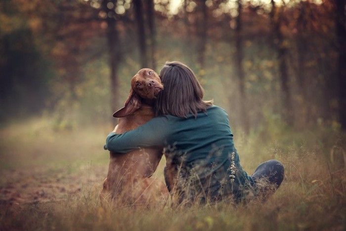 飼い主の女性に抱かれてこちらを振り返る犬