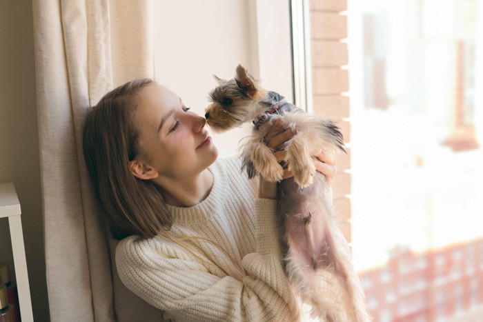 見つめ合う犬と女性