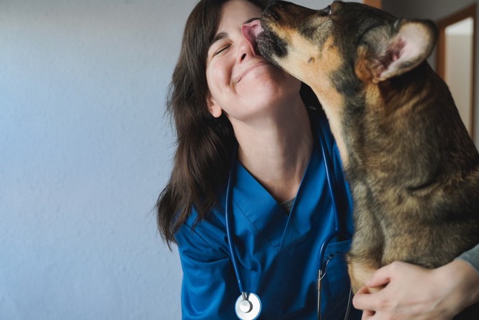 女性の顔をなめる犬