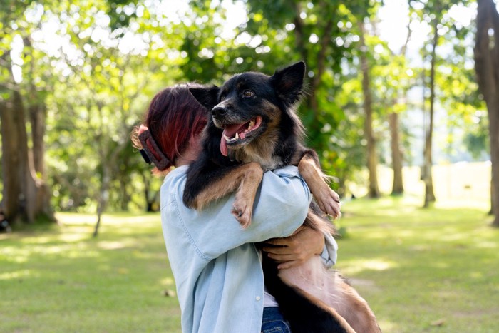 抱き抱えられた犬