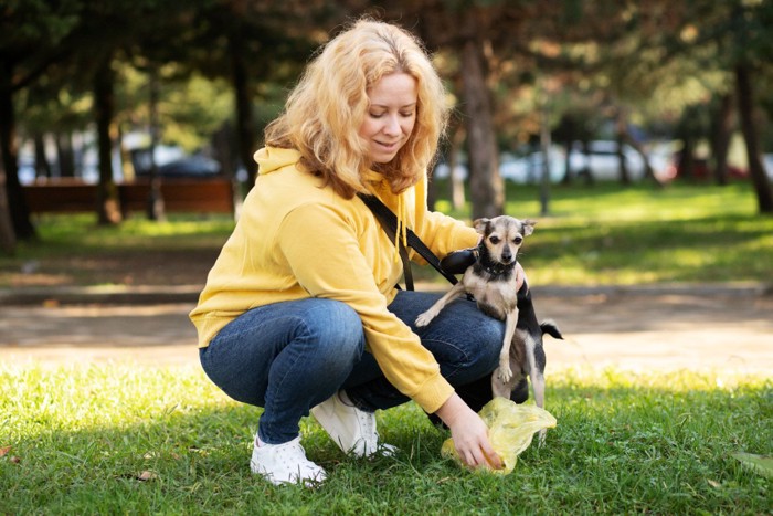 ウンチをとる女性と犬