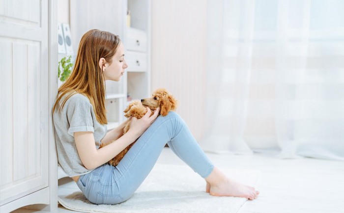 女性の膝の上に仰向けになっている犬