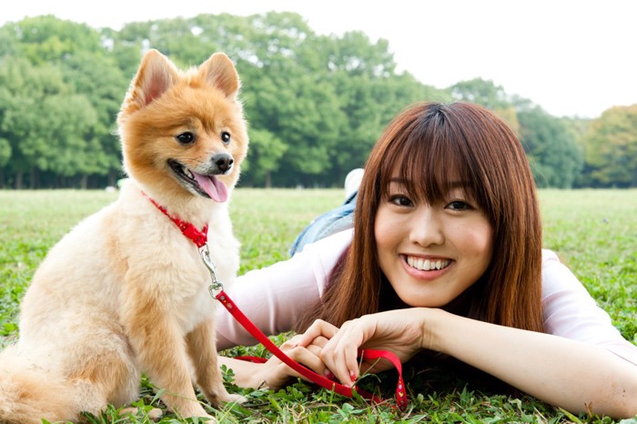 女性と並ぶ犬