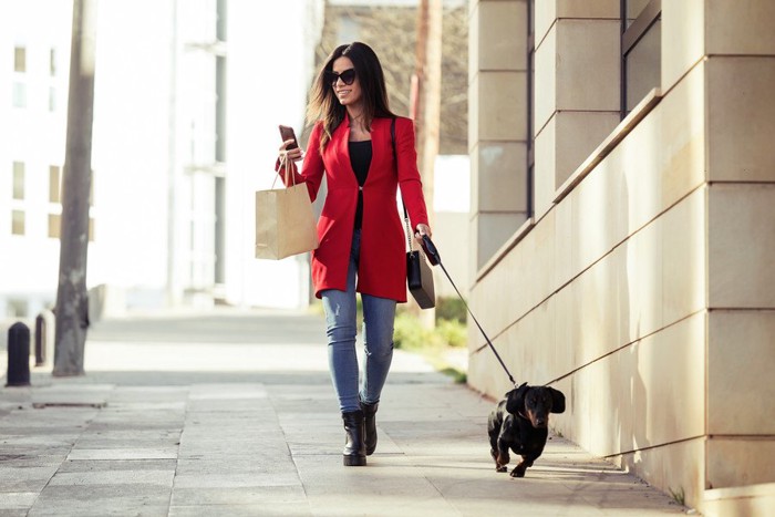 スマホを見ながら犬の散歩をする女性