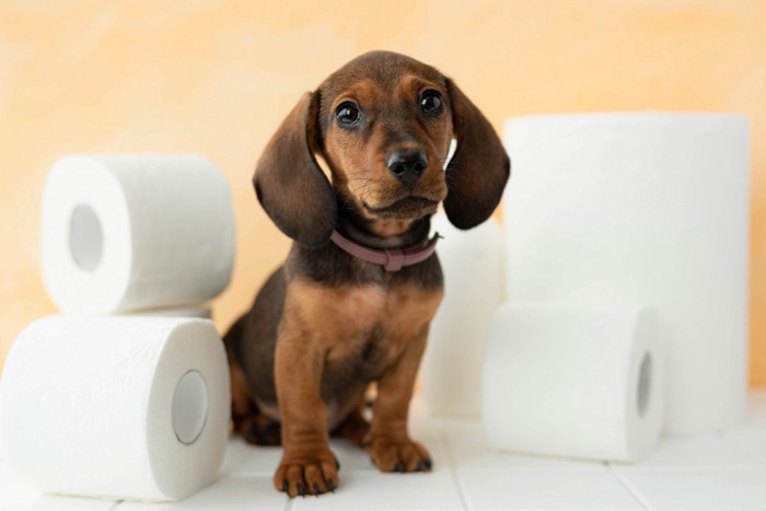 トイレットペーパーと子犬