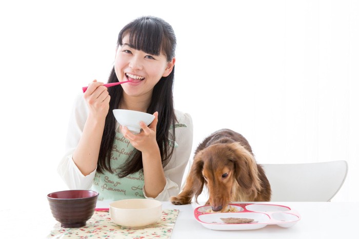 同じ食卓で犬と食事をする女性