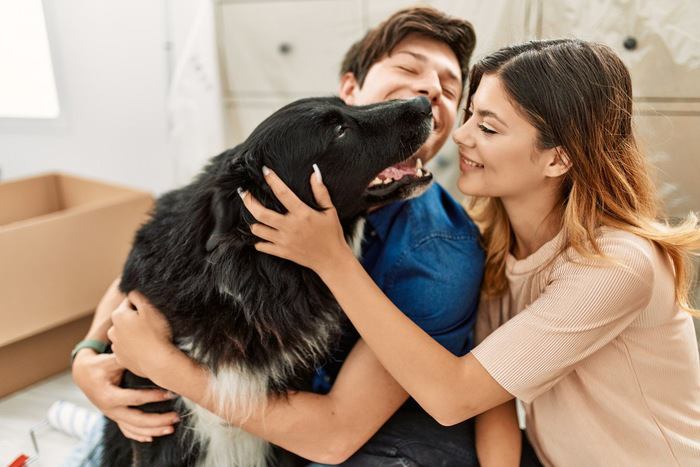 嬉しそうな表情をするカップルと犬