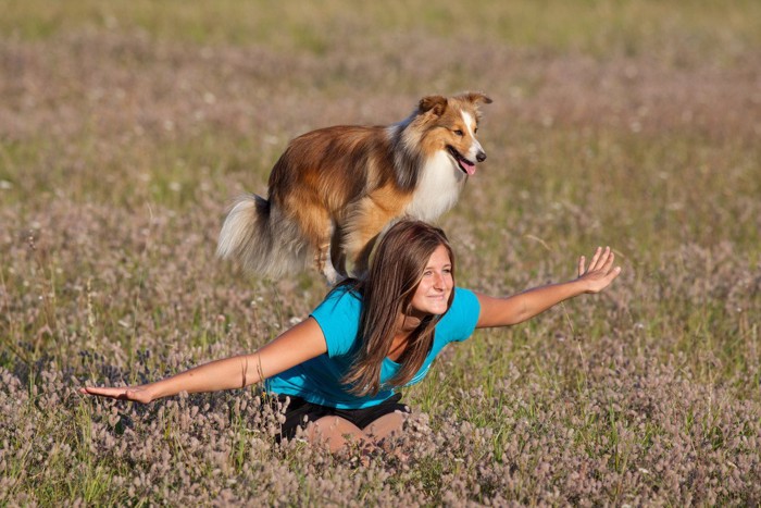 女性とドッグダンスをする犬