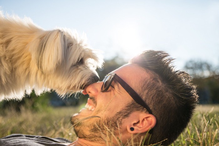 男性の口を舐めようとする犬