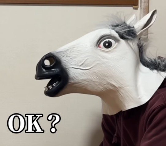 馬の被り物を着けて犬に話しかける飼い主