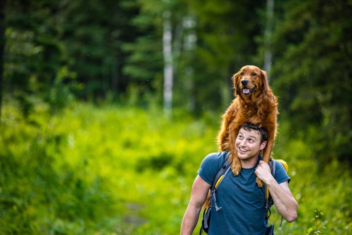 犬を背負う男性、右寄り