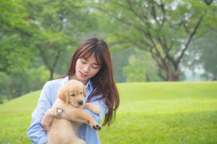 ラブラドールの子犬を抱いている女性