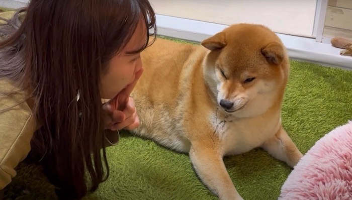 口に指を当てる女性と柴犬