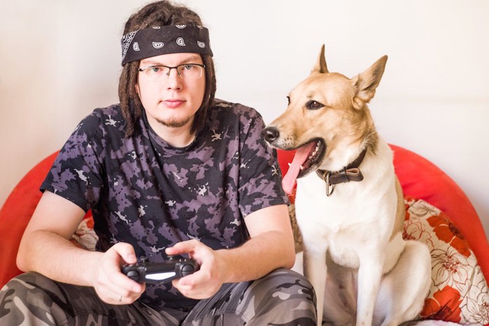 ゲーム中の男性の隣に座る犬