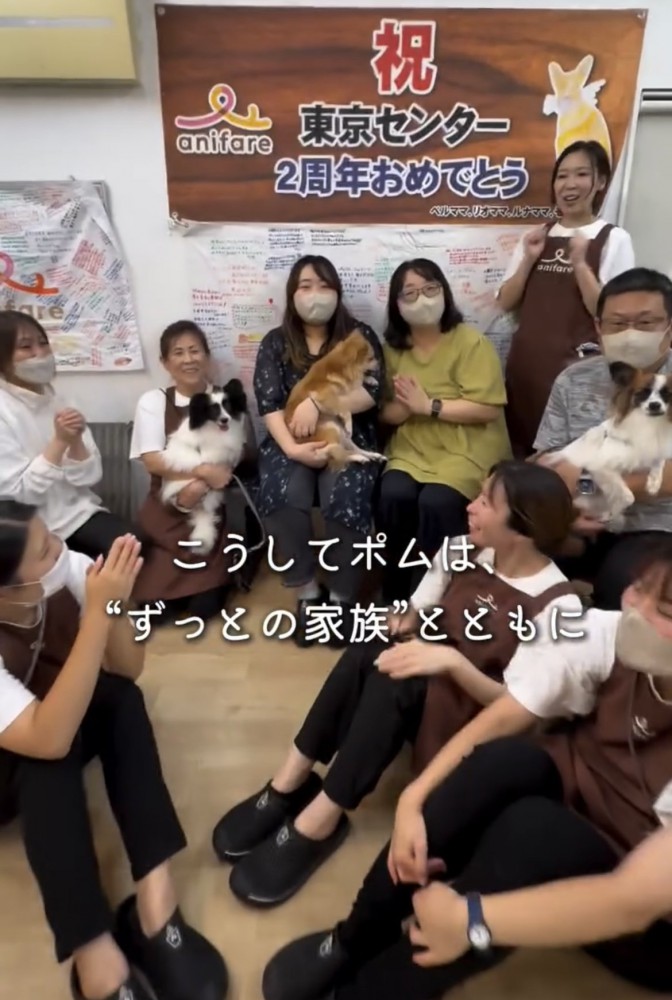 たくさんの人に囲まれた犬