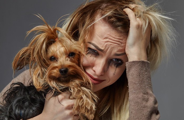 辛そうな女性と犬