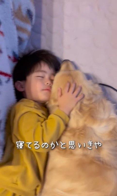 抱き合って眠るエルくんと男の子