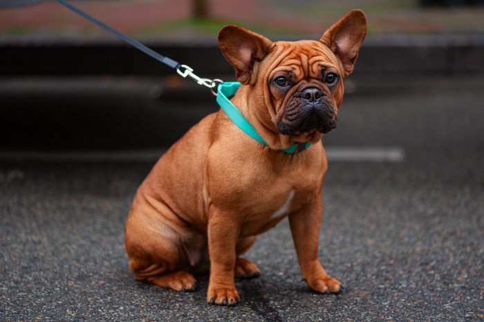 道路で座り込む犬