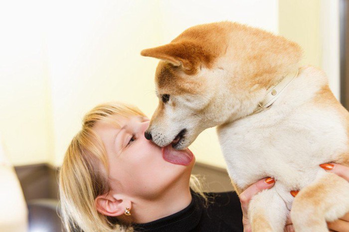 飼い主の顔を舐める犬