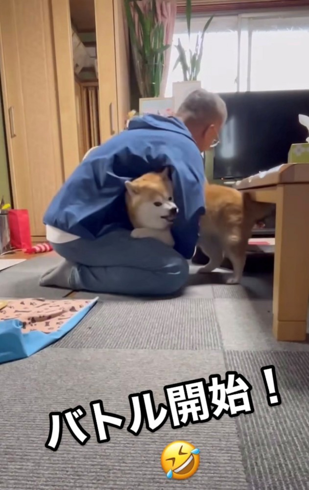 犬の胴を抱える人
