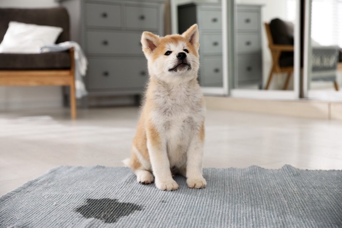 敷物に粗相した秋田犬の子犬