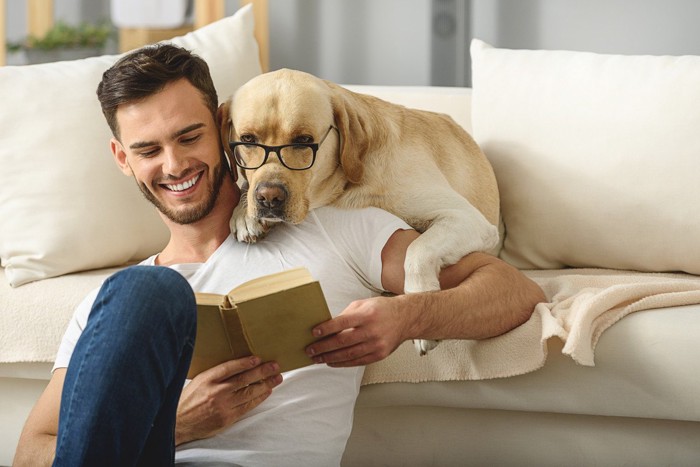 飼い主の本に夢中な犬