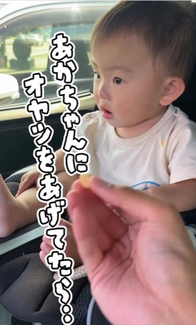 車中でおやつを食べる人間の赤ちゃん