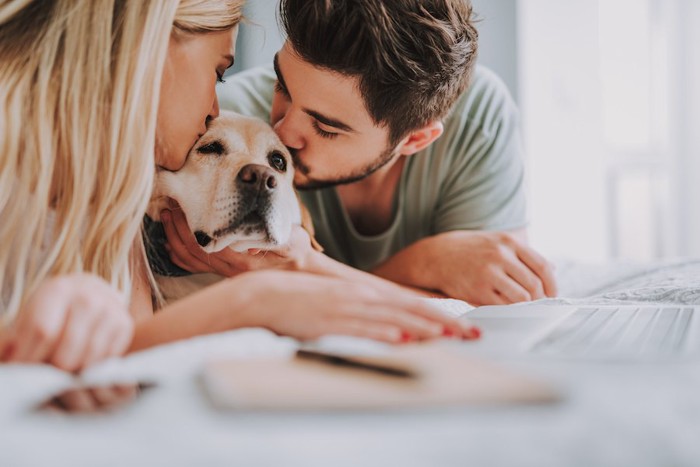 犬の顔にキスをするカップル