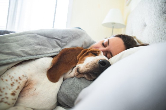 一緒に眠る犬と女性