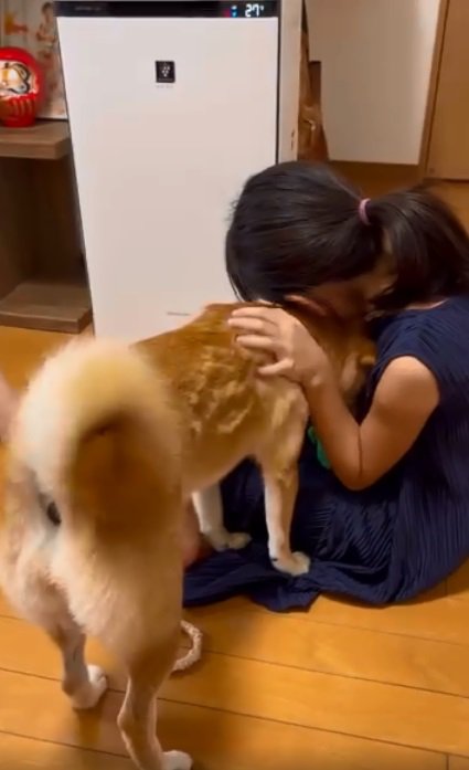 ソラちゃんを撫でる娘さん