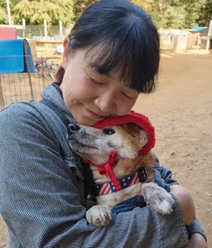 抱きしめられる老犬