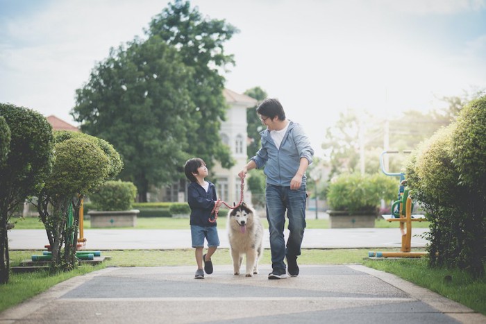 犬の散歩をしている親子