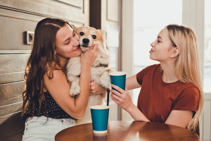 犬と戯れ合う2人の女性