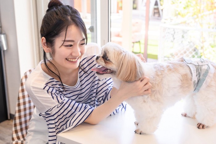 愛犬と戯れる女性