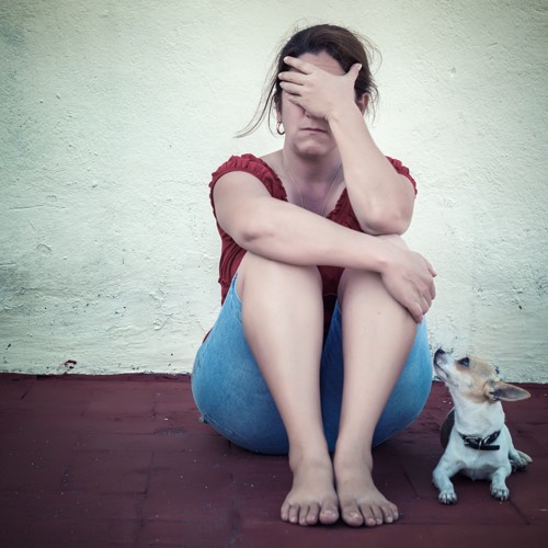 悩む女性と子犬