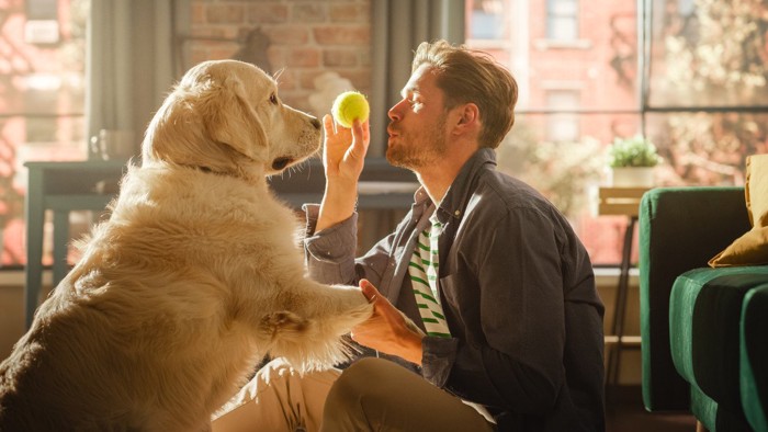 テニスボールを持っている男性と犬