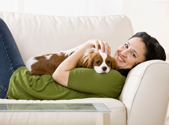 女性の上で眠そうな犬