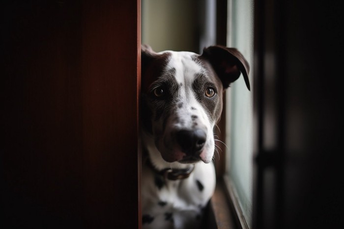 隙間から見ている垂れ耳の犬