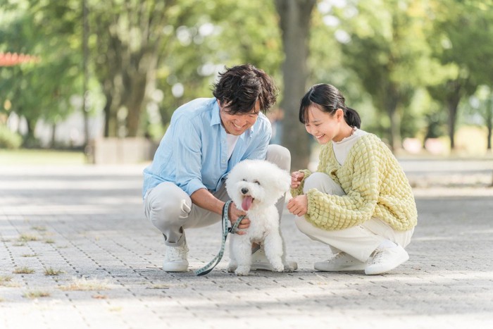 犬の散歩をする親子