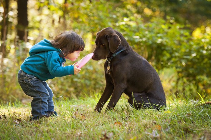 フリスビーを持つ子どもと犬