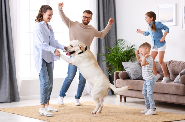 飼い主とダンスする犬